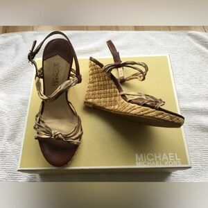 Michael Kors Tan and Brown Woven Raffia Wedge Sandals